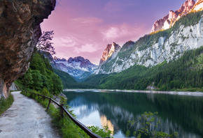 пейзаж, горы, природа, озеро, утро, Австрия, Альпы, дорожка, леса, берега,  ...