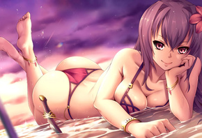 anime, girl, bikini, beach, hentai, beautiful, flower