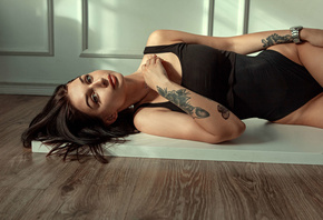 women, brown eyes, tattoo, brunette, women indoors, bodysuit, watch, on the floor, hips