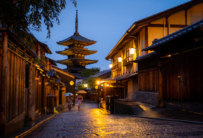 город, улица, дома, вечер, Япония, освещение, фонари, Киото, пагода Ясака, Yasaka Pagodа