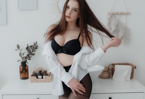 women, Andrey Popenko, black lingerie, women indoors, white shirt, eyeliner ...