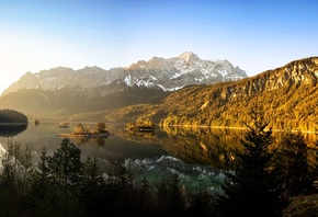 Германия, Горы, Лес, Озеро, Eibsee, Бавария, Деревья, Природа
