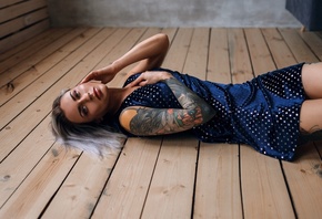 women, blue dress, brunette, tattoo, wooden floor, women indoors, nose ring ...