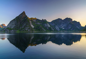 Норвегия, Горы, Вода, Reinefjorden, Скала, Отражение, Природа