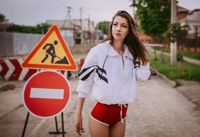 women, traffic signs, women outdoors, sweater, road, yellow nails