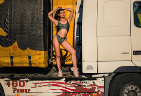 women, swimwear, sneakers, armpits, brunette, arms uplong hair, animal print, truck, belly, women outdoors