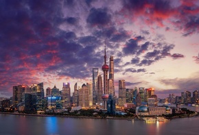 Shanghai, panorama, metropolis, modern buildings, sunset, skyscrapers, Chin ...