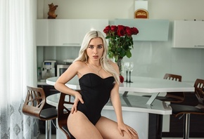 women, body lingerie, sitting, women indoors, black lingerie, blonde, drinking glass, roses, kitchen, one-piece-lingerie