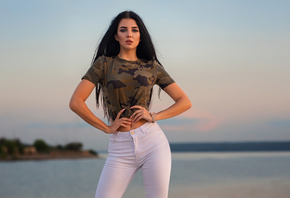 Girl, Model, White, Jeans, Looking, At Viewer
