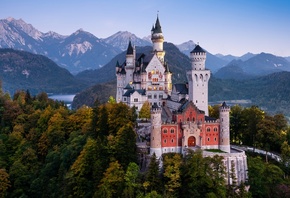 Германия, Замок, Горы, Нойшванштайн, Бавария, Деревья, Альпы, Башня, Природ ...
