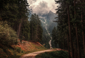 Alps, evening, sunset, waterfall, forest, mountain landscape, green trees