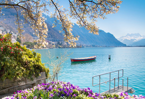 Lake Geneva, Montreux, Alps, morning, beautiful lake, flowers, mountain landscape, Montreux cityscape, Switzerland
