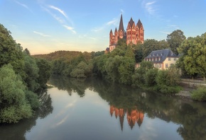 Германия, Собор, Hessen, Limburg, Cathedral, Деревья, Отражение, Природа