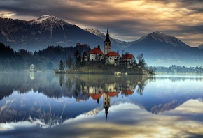 Словения, Горы, Озеро, Остров, Замок, , Lake, Bled, Upper Carniolan, Отраже ...