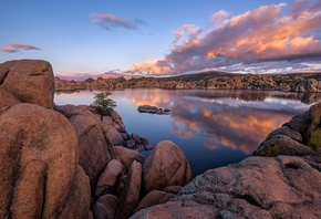 Granite Dells, lake, evening, sunset, stones, boulders of granite, Prescott ...