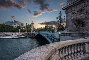 город, река, Франция, Париж, дома, фонари, Сена, колонны, мост Александра I ...