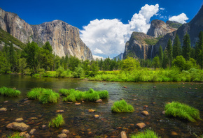 трава, облака, пейзаж, горы, природа, река, камни, США, Йосемити, национальный парк, Yosemite National Park