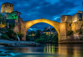 Mostar, Neretva River, evening, sunset, stone bridge, river, landmark, Bosnia and Herzegovina