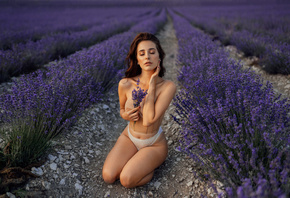 women, lavender, kneeling, closed eyes, belly, white panties, women outdoors, brunette, red nails, corset