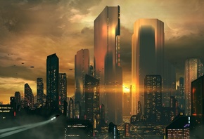 Futuristic Cityscape, Skyscrapers, Sunset