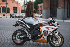 motorcycle, girl, yamaha, R1, road, city, street, brunette, jeans, brown hair, sexy