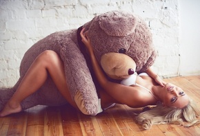 blonde, model, perfect, women, cute, ass, pretty, beautiful, bed, sexy, hot, window, wall, Teddy, lying down, wooden floor