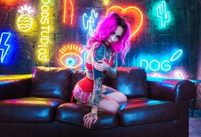 women, dyed hair, red lingerie, neon, women indoors, garter belt, tattoo, n ...