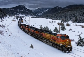 зима, снег, поезд, железная дорога