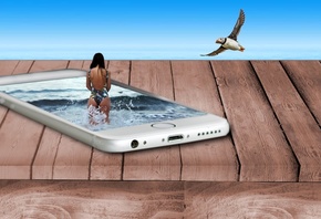 смартфон, море, девушка, столик, фотошоп