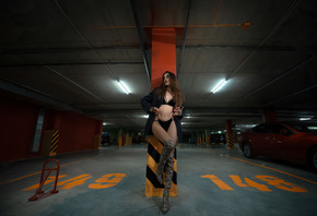 women, parking, parking garage, parking lot, black lingerie, brunette, coat ...