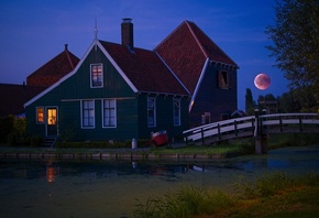 пейзаж, ночь, луна, природа, пруд, село, дома, музей, Нидерланды, мостик, Zaanse Schans, Зансе-Сханс