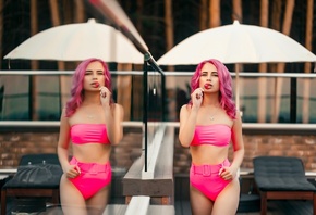 women, dyed hair, pink hair, swimwear, women outdoors, lollipop, belly, reflection, necklace, white nails, glass, gray eyes, trees
