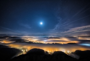 Луна, огни, туман, вид с воздуха, ночь, звезды