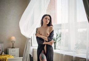Elmira Pozhar, women, nude, women indoors, window, Maksim Chuprin, tattoo,  ...