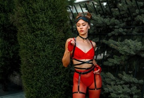 women, red lingerie, hairbun, fishnet, women outdoors, belly, pierced navel ...