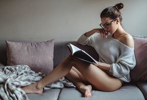 girl, brunette, sofa, cute, beautiful, sexy, pretty, panties, window, model, glasses, book