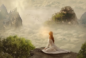 Fantasy Girl, White Dress, Mist, Clouds, Castle