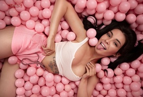 Tania Frost, top view, women, balls, tattoo, tongues, pink shorts, tank top, Nika Meln, pink lipstick, pigtails, brunette