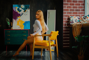 women, blonde, chair, women indoors, brunette, long hair, bodysuit, ass, sitting, mirror, reflection, window, plants, looking at viewer, picture