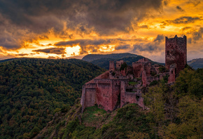 Saint-Ulrich Castel, Ribeauville, Chateau de Saint-Ulrich, evening, castles of France, ancient castle, forest