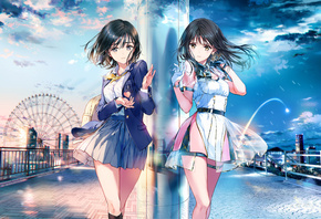 anime girl, girl, beautiful, art, night, day, dress, fair, city