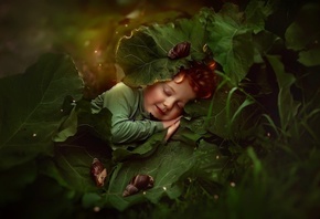ребёнок, мальчик, малыш, рыжий, рыжик, сон, природа, листья, лопухи, улитки, боке