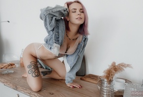 women, Andrey Popenko, kneeling, dyed hair, red nails, lingerie, table, tattoo, wall, closed eyes, women indoors, cup, eyeliner, denim