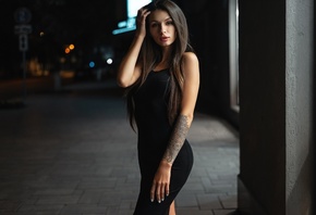 Alyona Elizarova, Artem Solovev, black dress, brunette, women, tattoo, lon ...