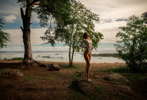 women, bodysuit, trees, water, sky, clouds, women outdoors, nipples through clothing, ribs, rocks, brunette