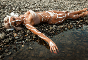 women, blonde, water, stones, women outdoors, belly, body paint, swimwear, painted nails, looking at viewer, feathers