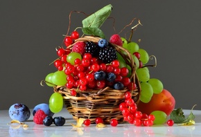 корзина, ягоды, фрукты, виноград, малина, черника, ежевика, смородина, сливы, персик