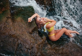women, Yellow bikini, waterfall, water, women outdoors, wet hair, wet body, ...