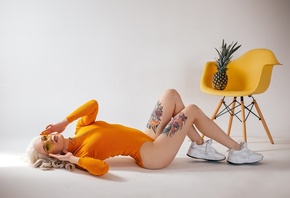 women, Studio, sneakers, blonde, chair, pineapple, tattoo, glasses, bodysuit, leotard, on the floor