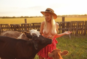 women, Andrey Popov, blonde, boobs, nipples, brunette, women outdoors, hat, ...